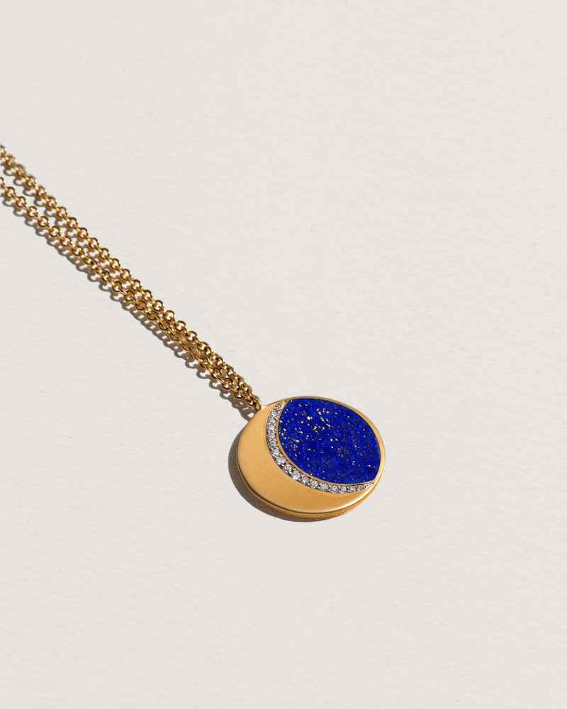 moon phase necklace with lapis lazuli and white diamonds