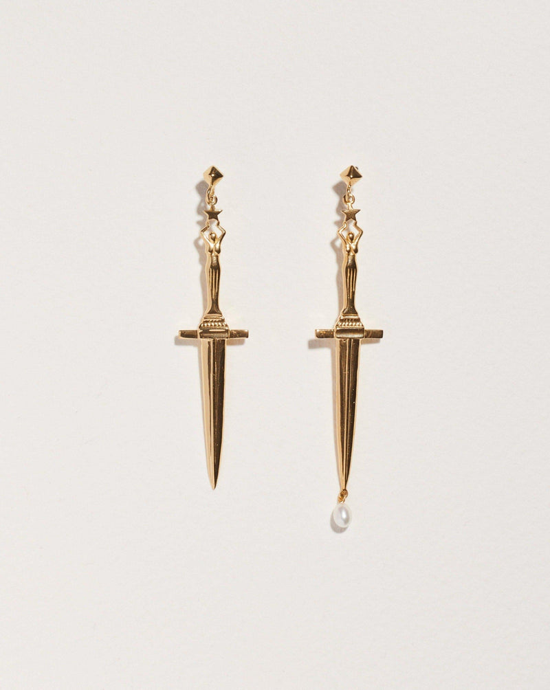 gold plate dagger earring with a pearl droplet