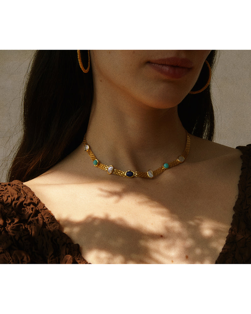 lapis, turquoise chain necklace on the model