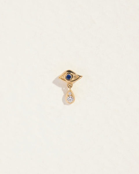 crying eye stud earring with sapphire and diamond teardrop