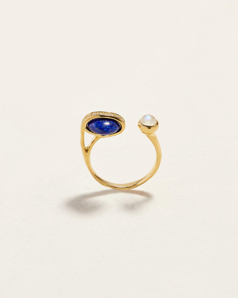 lapis comet ring with moonstone and diamonds