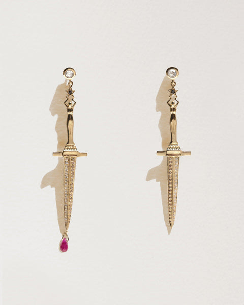 gold dagger earrings with ruby