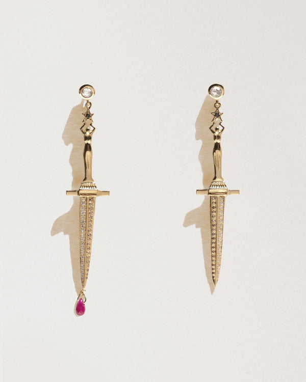 gold dagger earrings with ruby