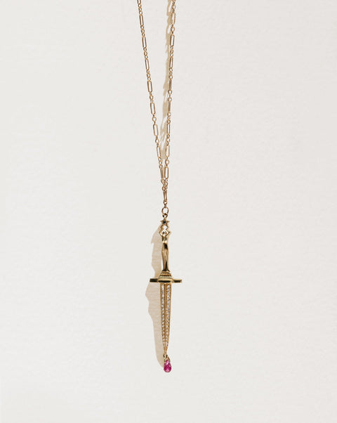 Pamela Love Dagger Pendant, Dagger Necklace in 18k yellow gold with diamonds and a ruby briolette.