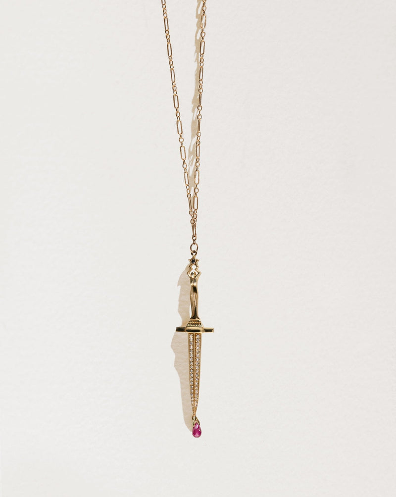 Pamela Love Dagger Pendant, Dagger Necklace in 18k yellow gold with diamonds and a ruby briolette.