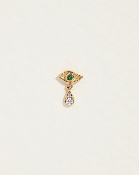 crying eye stud piercing with emerald eye and diamond teardrop