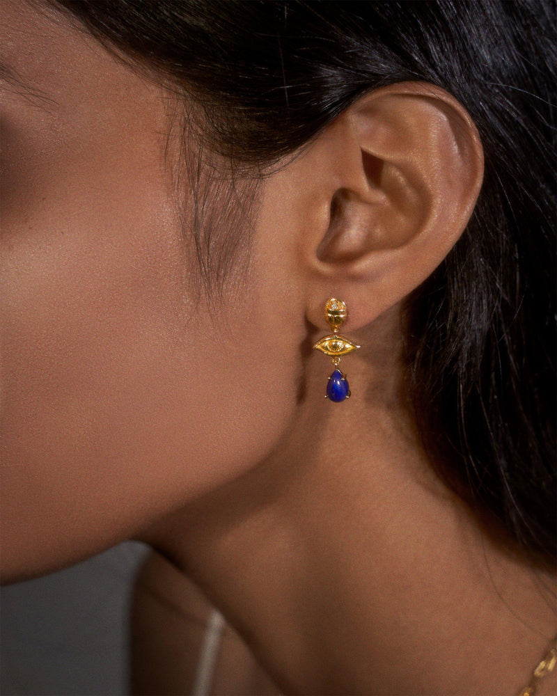 teardrop earrings with lapis on the model