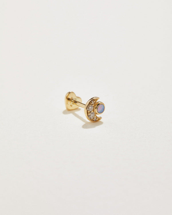 crescent stud piercing with diamonds and opal center