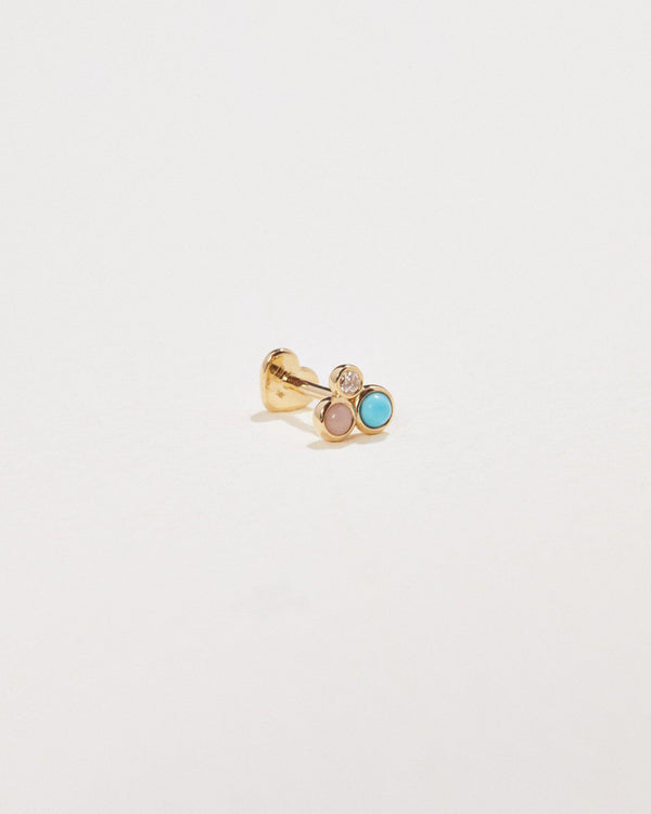 trio stud earring with turquoise, diamond and pink opal