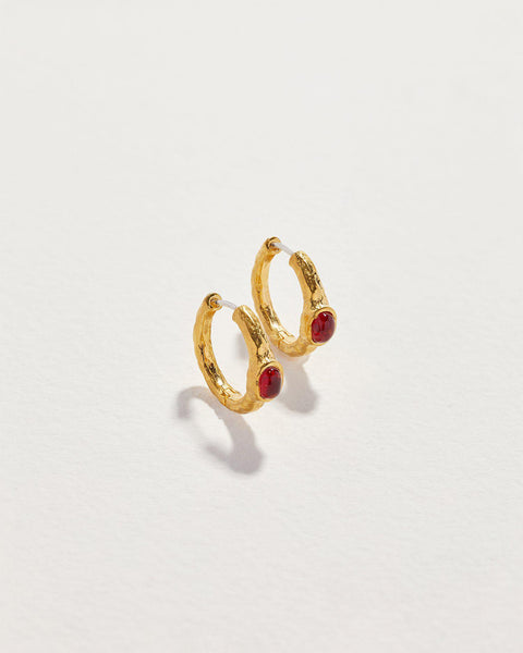 gold hoop earrings with ruby glass