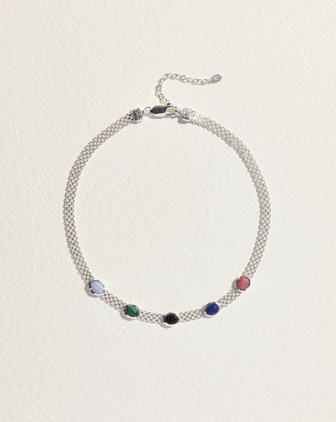 taia silver chain necklace with blue lave agate, serpentine, obisidian, lapis, Rhodochrosite