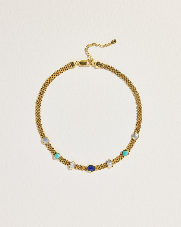 althea gold plate chain necklace with lapis, turquoise, baroque pearl