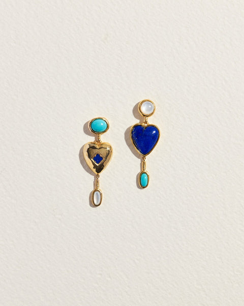heart drop earrings with lapis, turquoise and baroque pearl
