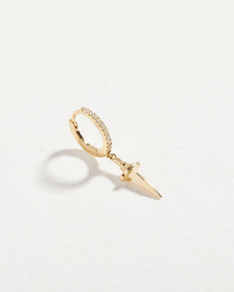 gold dagger huggie earring with white diamonds