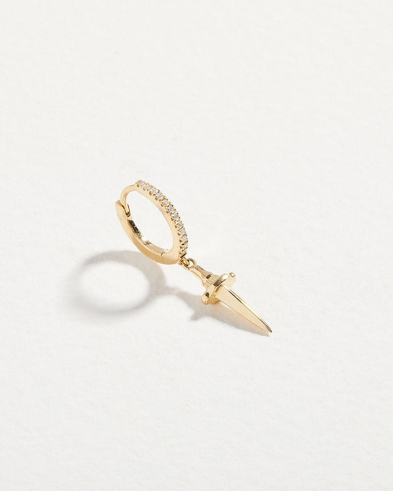 gold dagger huggie earring with white diamonds
