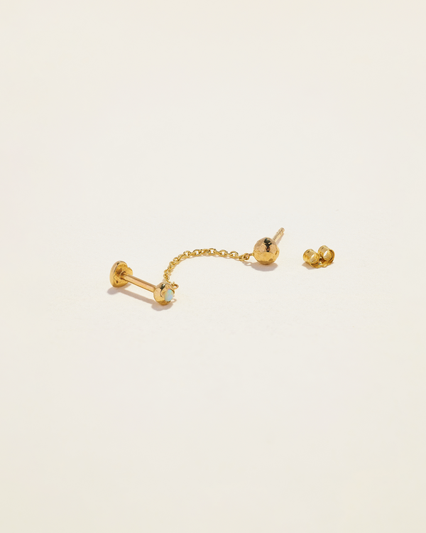 yellow gold chain stud earring with opal
