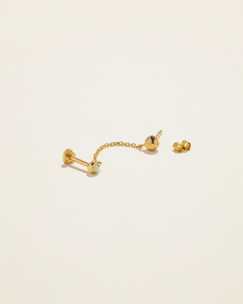 yellow gold chain stud earring with opal