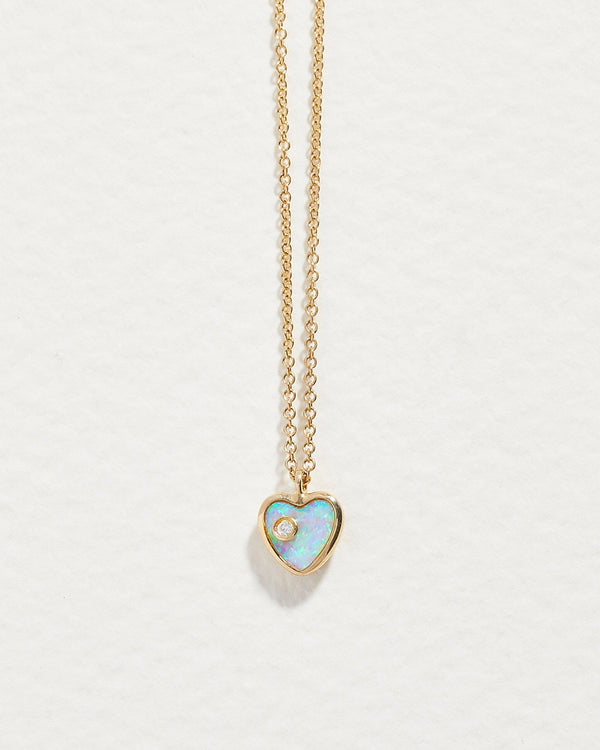mini inlay heart pendant with opal and diamond