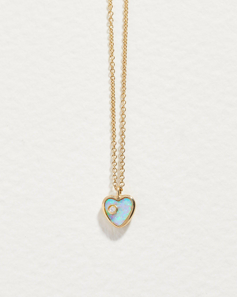 mini inlay heart pendant with opal and diamond
