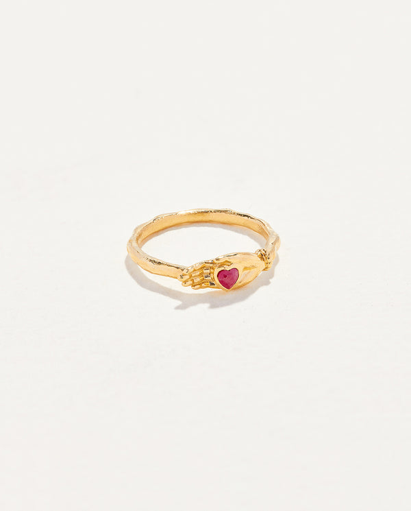 ruby heart in hand ring