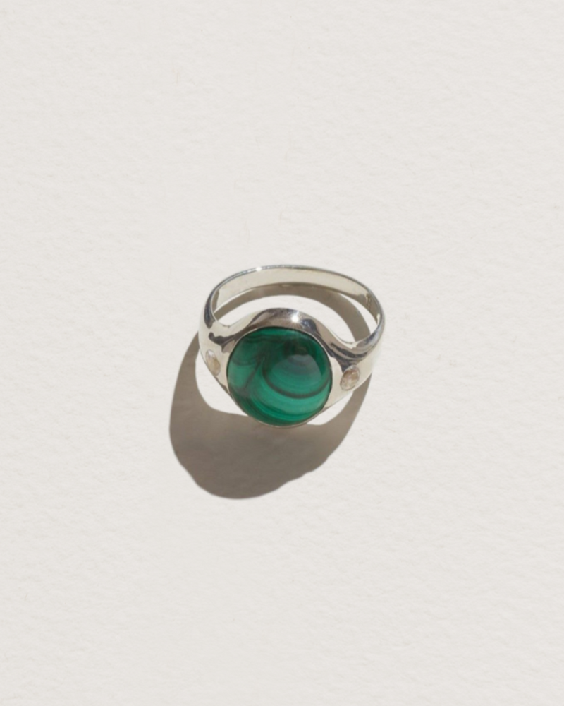 essential ring with sterling silver, malachite and topaz