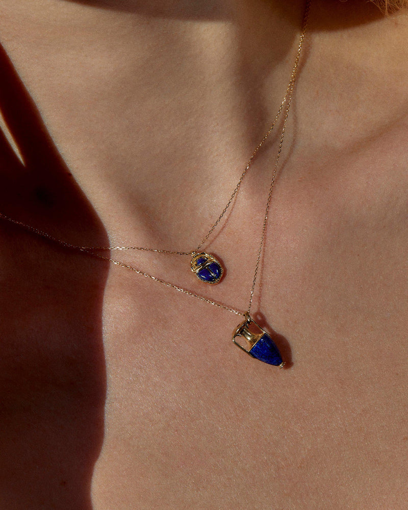 lapis lazuli scarab necklace on the model