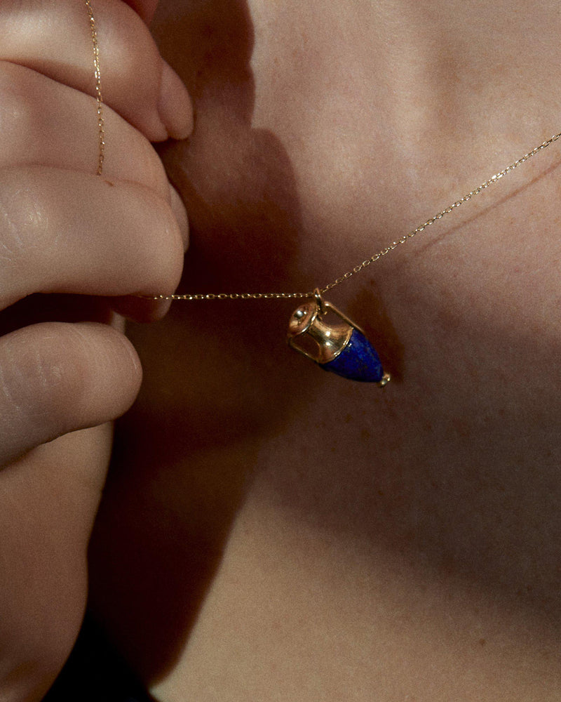 lapis vessel necklace on the model