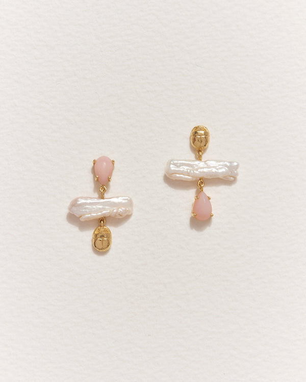 biwa earrings with pink opal, biwa pearls and 14k gold plate
