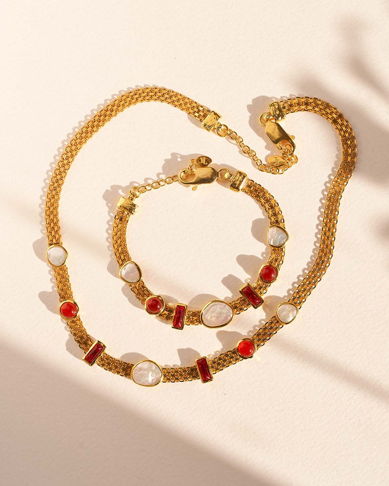 gold plate chain necklace with cherry amber and carnelian