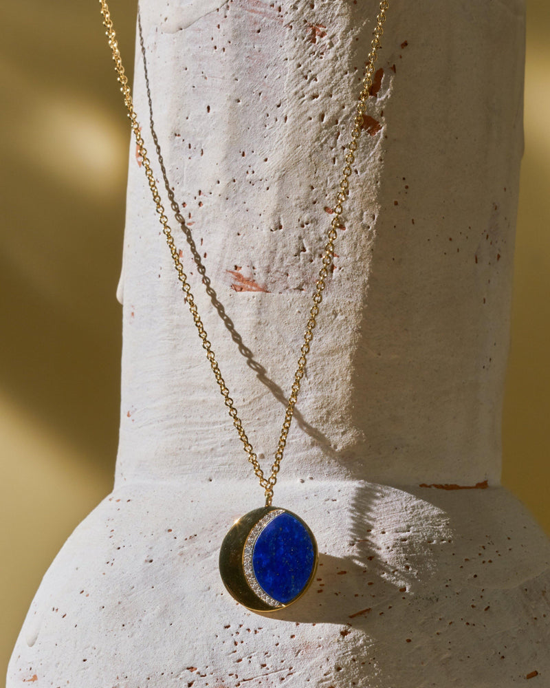 moon phase pendant with lapis lazuli and diamonds